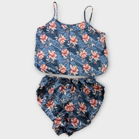 XL Vintage 1990s Jessica Intimates Blue with Pink Roses 2 Piece PJ Lounge Set - Picture 2 of 7